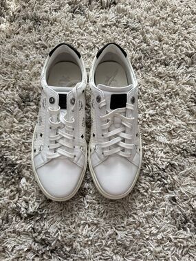 MCM Terrain Sneakers In Visetos 
White Low-Top Logo-Print Sneakers